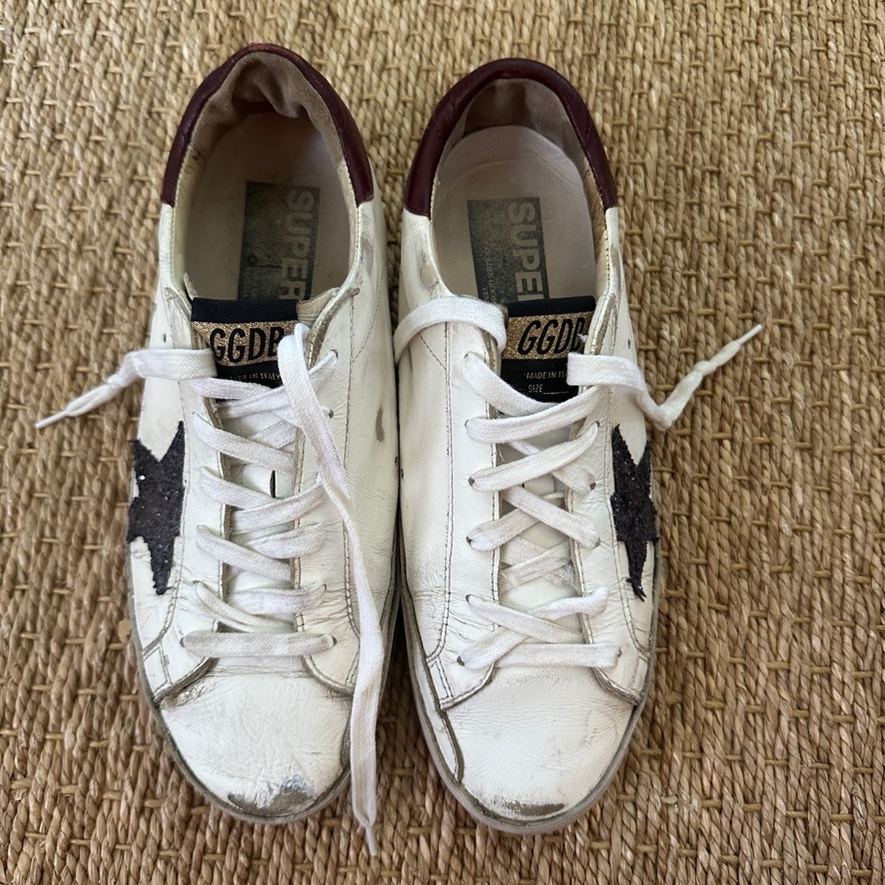 Golden Goose White Leather Sneakers with Purple Glitter Star and Burgundy Heel